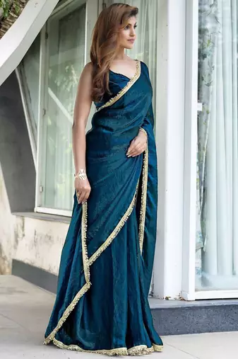 Blue blue & green printed poly georgette bandhani saree