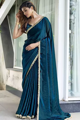 Blue blue & green printed poly georgette bandhani saree