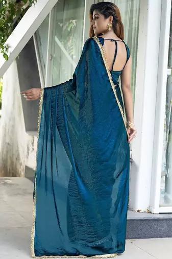 Blue blue & green printed poly georgette bandhani saree