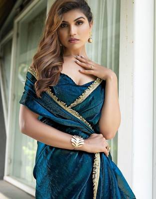 Blue blue & green printed poly georgette bandhani saree 5