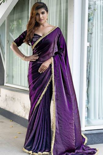 pink women embellished satin saree with unstitched blouse