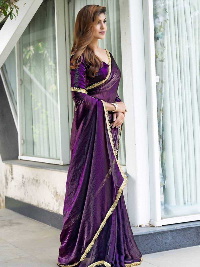 pink women embellished satin saree with unstitched blouse