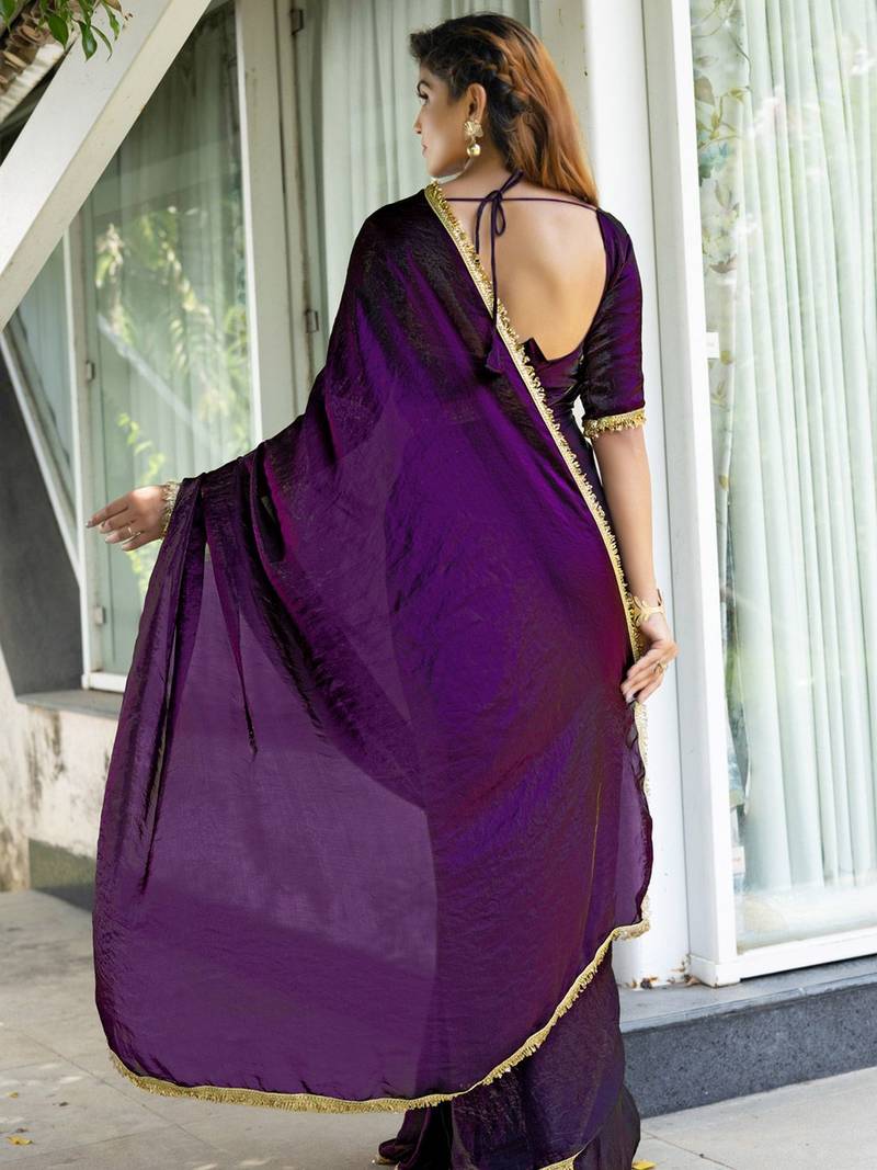 pink women embellished satin saree with unstitched blouse