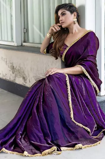 pink women embellished satin saree with unstitched blouse