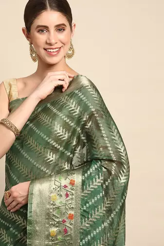 green woven design zari organza kanjeevaram saree