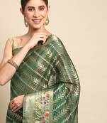 green woven design zari organza kanjeevaram saree