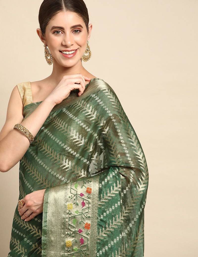 green woven design zari organza kanjeevaram saree