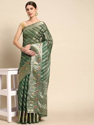 green woven design zari organza kanjeevaram saree 2