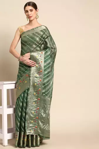 green woven design zari organza kanjeevaram saree