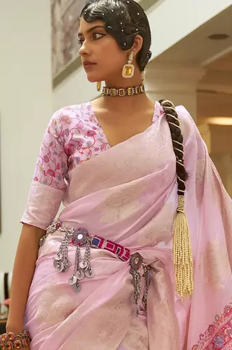 Pink pink zari silk blend patola saree