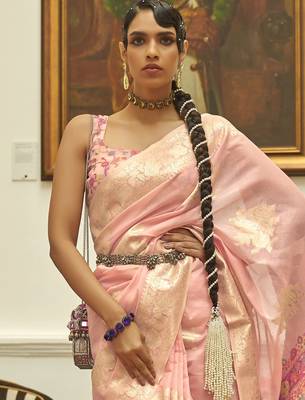 Sea green embellished embroidered net saree with unstitched blouse piece 3