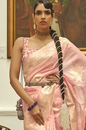 Sea green embellished embroidered net saree with unstitched blouse piece