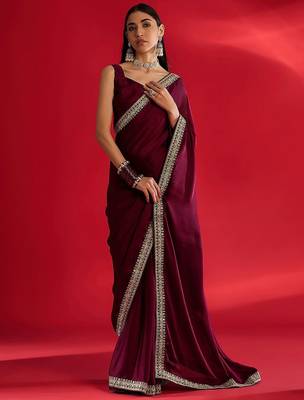 Rust ethnic motifs satin block print saree 1