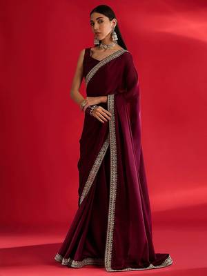 Rust ethnic motifs satin block print saree 2