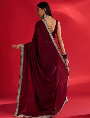 Rust ethnic motifs satin block print saree 3