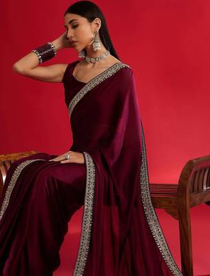 Rust ethnic motifs satin block print saree 4