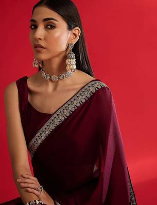 Rust ethnic motifs satin block print saree 5