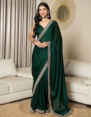 green satin embroidered ready to wear saree 1