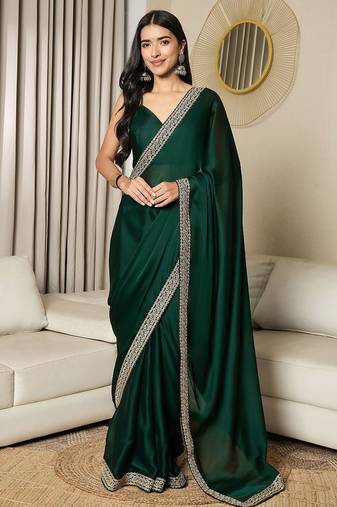 green satin embroidered ready to wear saree