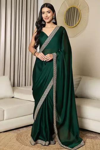 green satin embroidered ready to wear saree