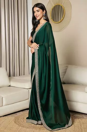 green satin embroidered ready to wear saree