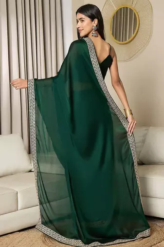 green satin embroidered ready to wear saree
