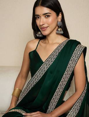 green satin embroidered ready to wear saree 4