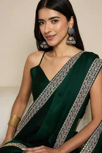 green satin embroidered ready to wear saree