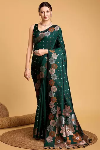 Grey polka dot satin block print saree