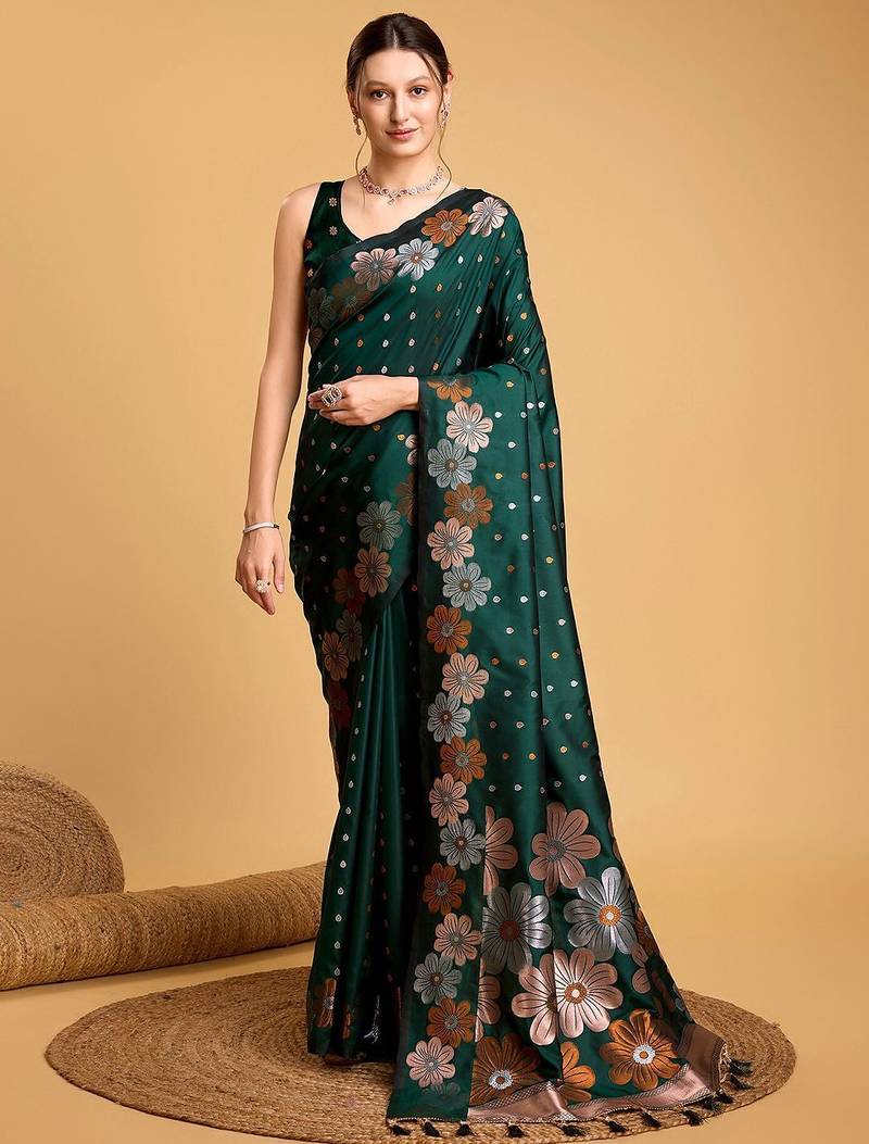 Grey polka dot satin block print saree