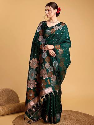 Grey polka dot satin block print saree 2