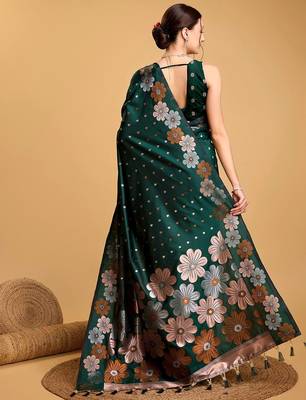 Grey polka dot satin block print saree 3