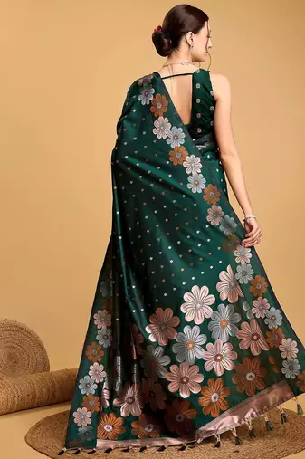 Grey polka dot satin block print saree