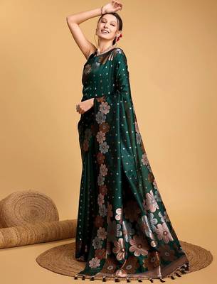 Grey polka dot satin block print saree 4