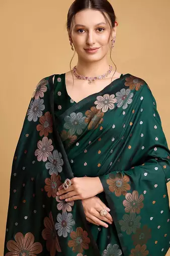 Grey polka dot satin block print saree