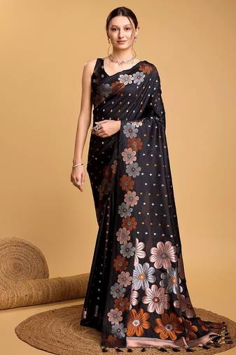Cream polka dot satin block print saree