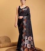 Cream polka dot satin block print saree