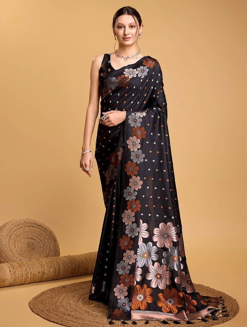 Cream polka dot satin block print saree