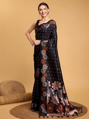 Cream polka dot satin block print saree 2