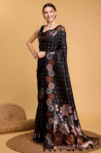 Cream polka dot satin block print saree