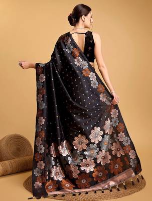Cream polka dot satin block print saree 3