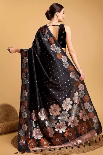 Cream polka dot satin block print saree