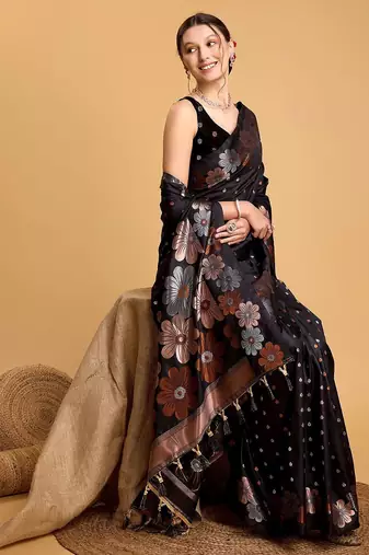 Cream polka dot satin block print saree