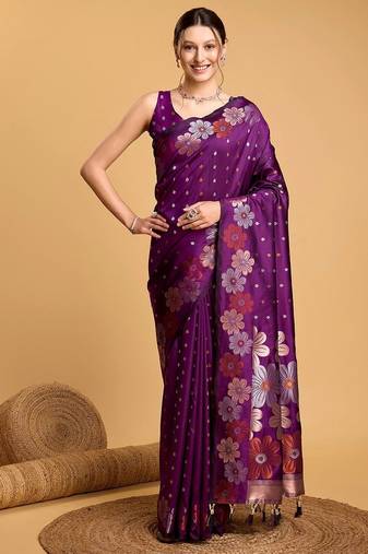 purple ethnic motifs woven design banarasi saree