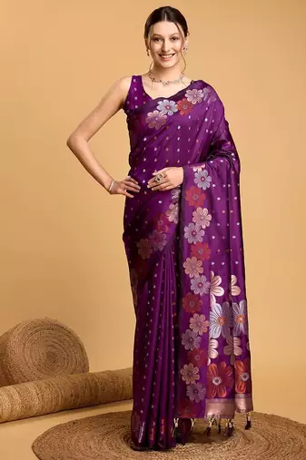 purple ethnic motifs woven design banarasi saree