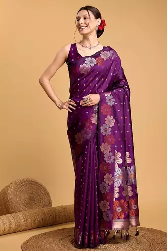 purple ethnic motifs woven design banarasi saree