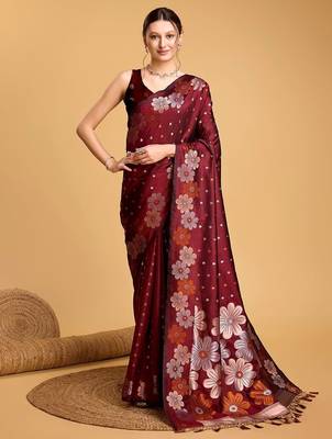 maroon ethnic woven design zari banarasi saree 1