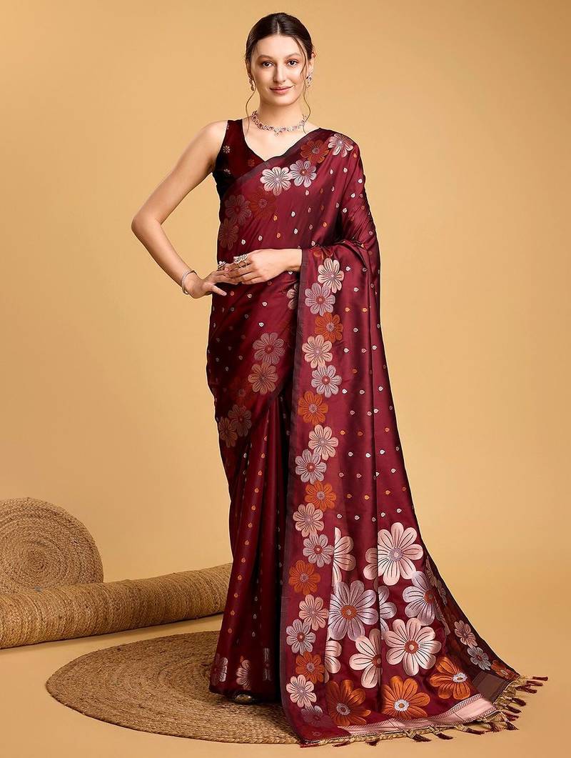 maroon ethnic woven design zari banarasi saree
