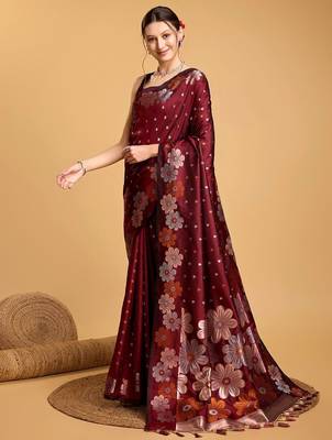 maroon ethnic woven design zari banarasi saree 2