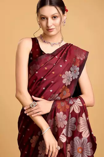 maroon ethnic woven design zari banarasi saree